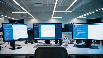 Fototapeta premium Modern Software Development Office With Multiple Screens Displaying Code