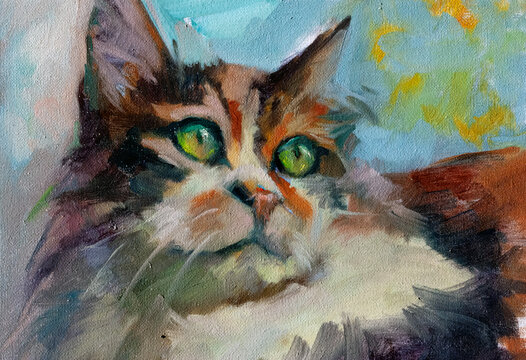 Dipinto a olio di un gatto calico con grandi occhi verdi espressivi realizzato con pennellate artistiche e texturizzate