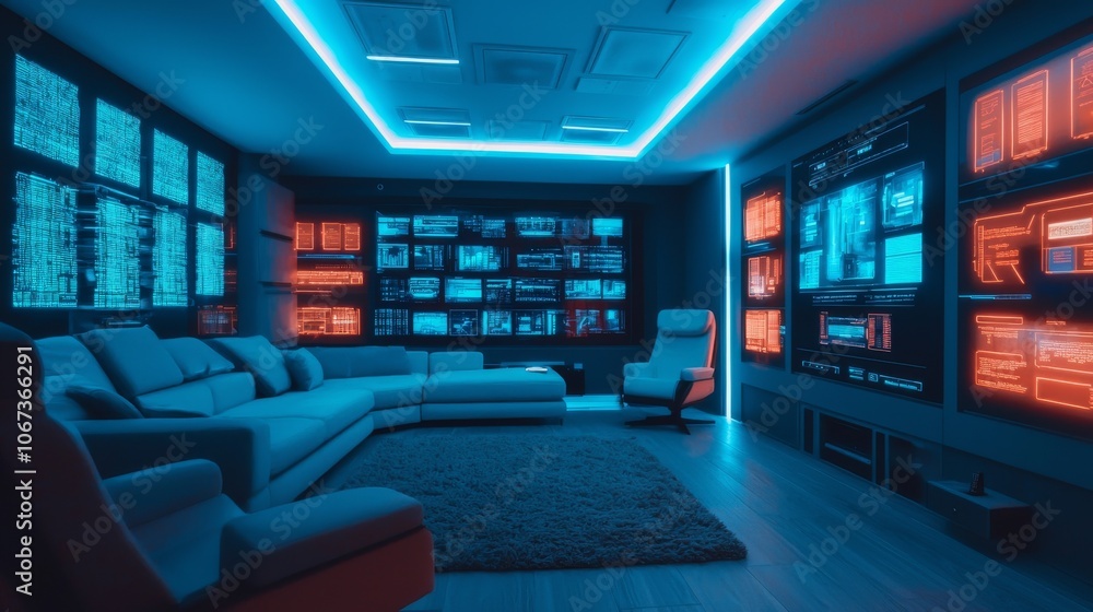 Poster futuristic living room with screens displaying code and data.