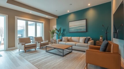 Fototapeta premium Modern Living Room with Teal Wall and Beige Sofa