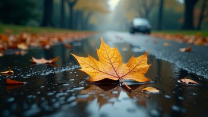 An autumn yellow leaf lies in a puddle against the background of an autumn forest.
