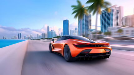 Obraz premium A sports car speeds along the Miami Beach coastline, surrounded by palm trees, exuding a sense of speed