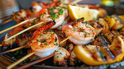 Grilled seafood skewers served with lemon wedges