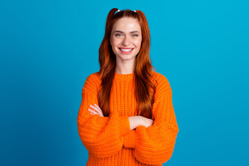 Photo portrait of pretty young girl crossed hands confident wear trendy knitted orange outfit...