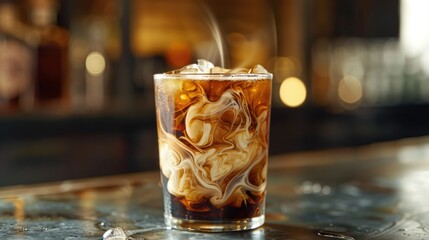 Iced cold brew coffee with cream swirling
