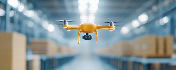 A drone flying over a large manufacturing facility, capturing data and scanning for inventory management and process optimization
