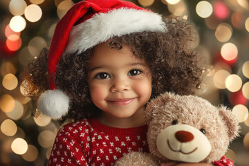 Young child with curly hair wearing a Santa hat and holding a teddy bear, smiling in front of festive holiday lights in a warm, close-up portrait.