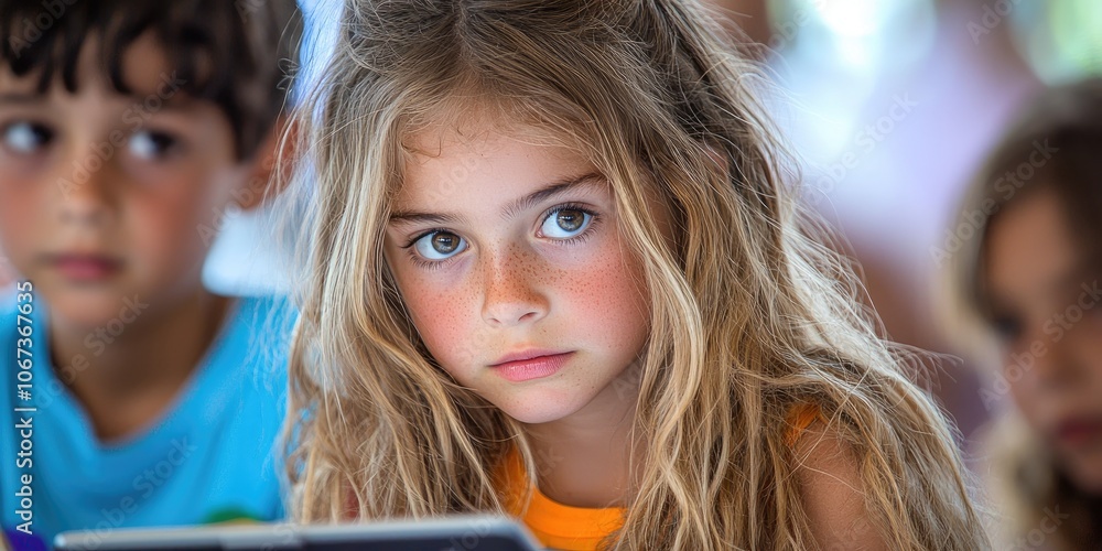 Poster in a classroom, students divided into teams use tablets and notebooks to tackle a complex problem, s