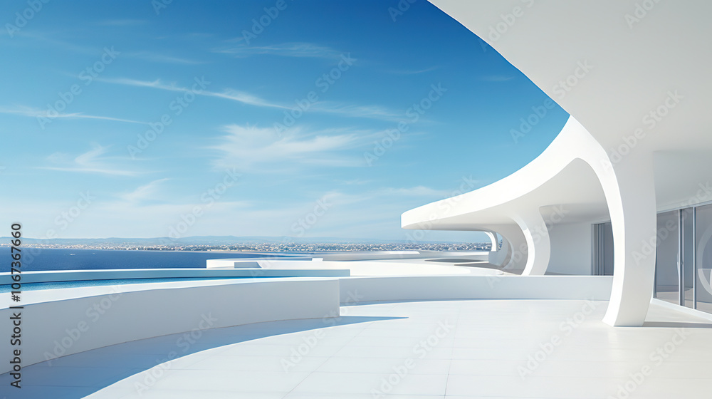 Aufkleber Abstract architecture scene with smooth curves. Abstract background with futuristic building in white and blue colors.