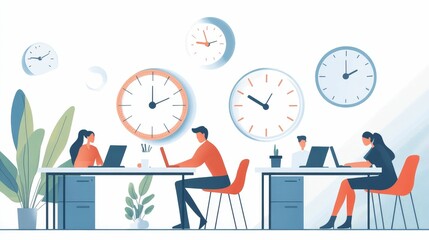 A busy office scene with clocks on the wall, people working hard to meet year-end deadlines for Tick Tock Day
