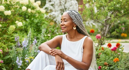 Serene senior dark skinned woman relaxing in a vibrant blooming garden