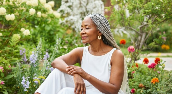 Serene senior dark skinned woman relaxing in a vibrant blooming garden