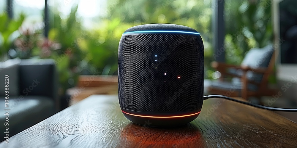 Poster an individual using a voice assistant to operate home appliances and lighting in an advanced home, f