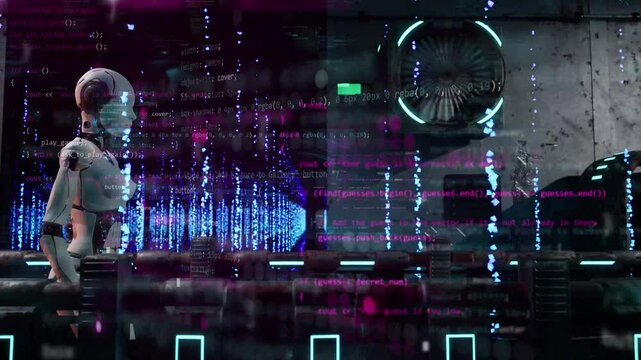 Cybernetic Humanoid Animation with Flowing Code and Digital Overlay Effects