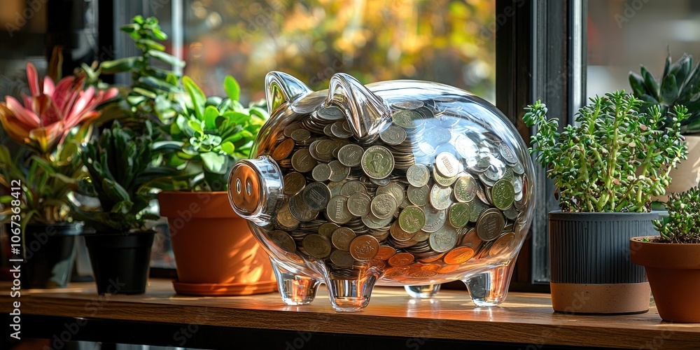 Poster a clear piggy bank gradually filling with coins and bills, set by a sunny window with vibrant housep