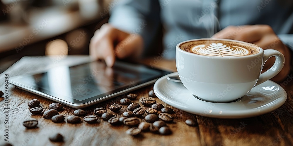 Poster a busy professional in a cafe, sipping coffee while taking an online course on a tablet, with a bust