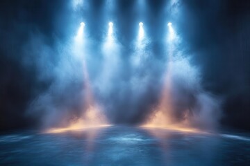 stage illuminated by multiple spotlights creating a dramatic performance area with bright beams of light contrasting against the dark backdrop setting the scene for entertainment