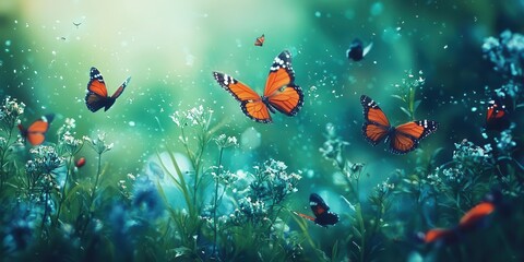 Fototapeta premium Colorful butterflies fluttering over vibrant wildflowers in a serene forest.