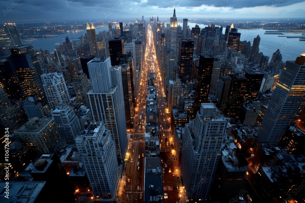 Poster busy cityscape with lights turning on as dawn breaks, symbolizing the universal call to wake up and 