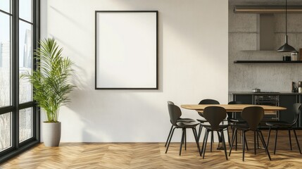 Modern dining area with a blank frame and indoor plant, featuring a wooden table and chairs.