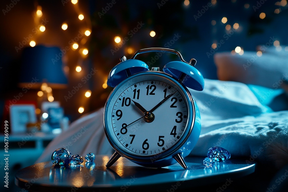 Poster Close-up of an old-fashioned alarm clock ringing on a bedside table, capturing the jarring start of a wake-up call