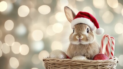 A small rabbit wearing a tiny Christmas hat, sitting in a basket filled with ornaments and candy canes