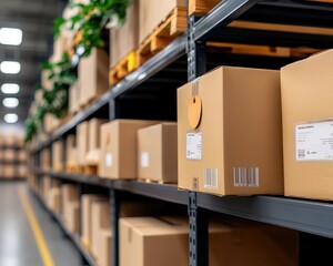 Shelves organized by category and labels, systematic layout, bright warehouse lighting, simplified access and planning