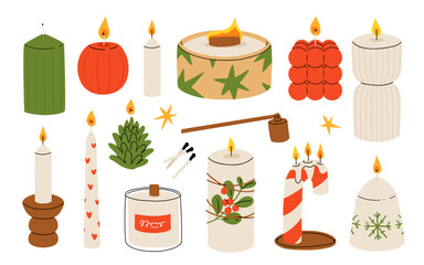 Christmas candles. Cartoon xmas decor burning candles, winter holidays wax candles with Christmas decorations, Noel home interior decor flat vector illustration set. Xmas candles collection