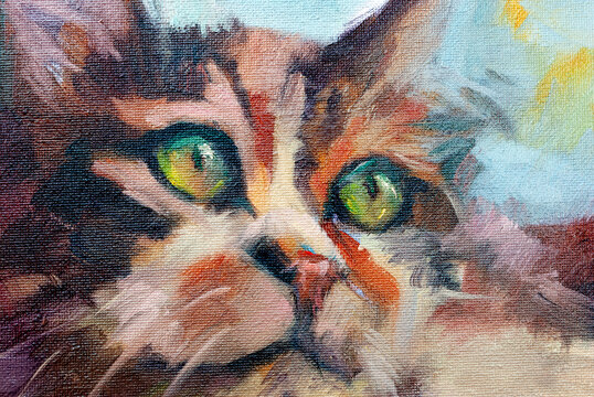Dipinto a olio di un gatto calico con grandi occhi verdi espressivi realizzato con pennellate artistiche e texturizzate