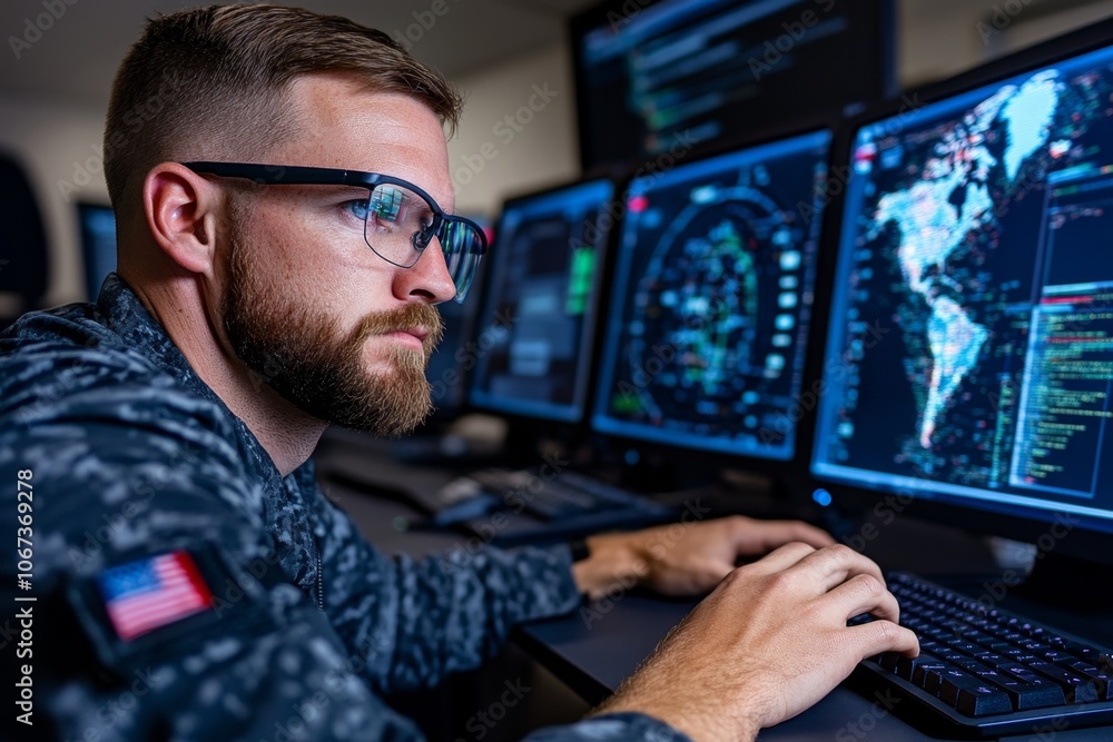 Poster close-up of hands typing with screens reflected in their glasses, capturing the intensity of cyber i