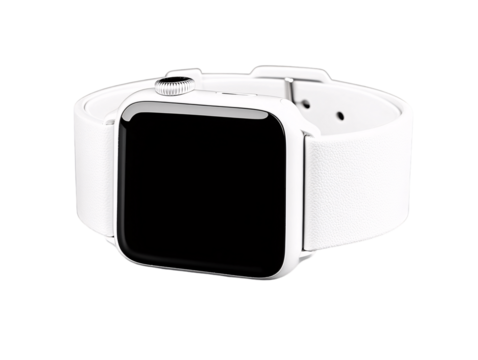 a white watch with a black square screen
