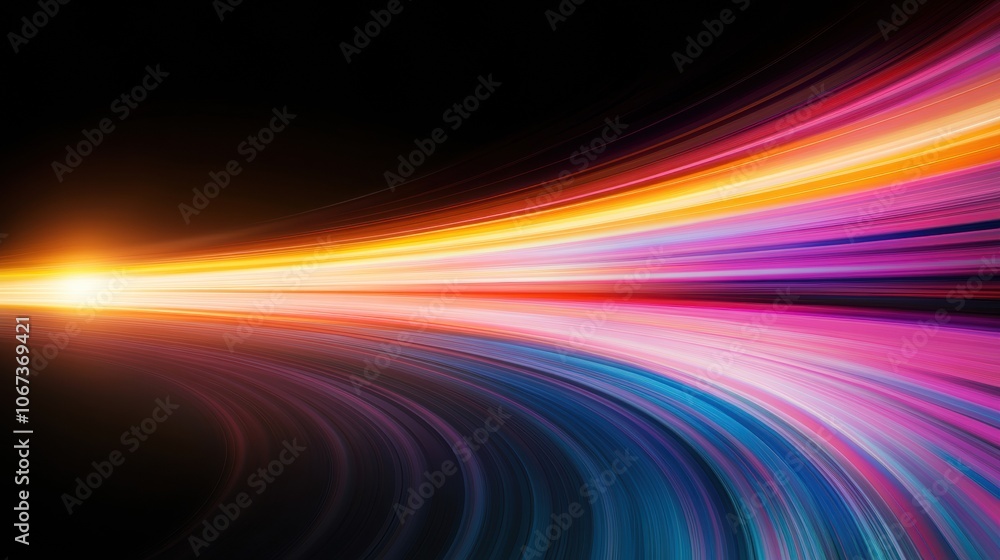 Poster colorful light trails curve dynamically against a dark background, ai