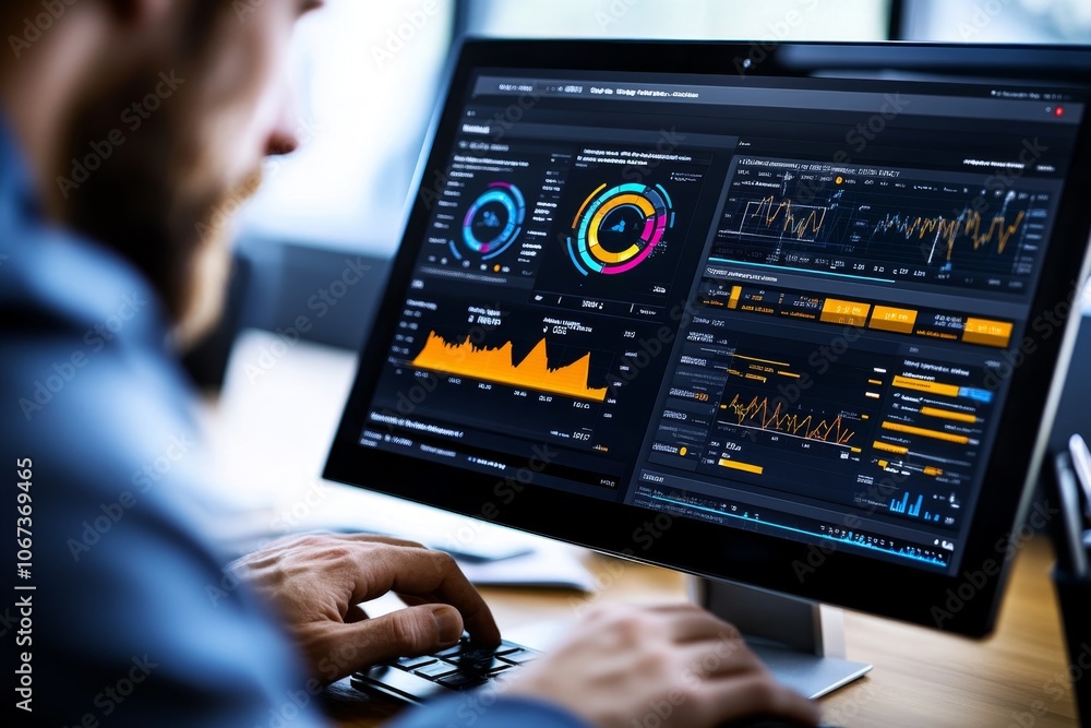Aufkleber Computer screen displaying a dashboard of live cyber threat intelligence metrics, with activity graphs and alerts