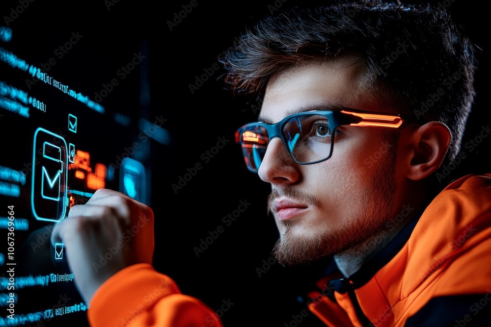 Poster Cyber analyst studying an encrypted message on a screen with cryptographic symbols, showing data security efforts