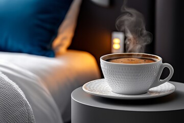 Cup of steaming coffee on a bedside table, suggesting a comforting wake-up call to start the day