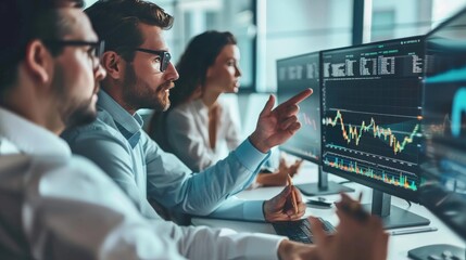 Financial advisors in a modern office, discussing investment strategies with clients and analyzing market trends