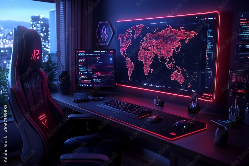 Poster cyberpunk room with holographic world map and digital threat alerts in neon hues, showing a futurist