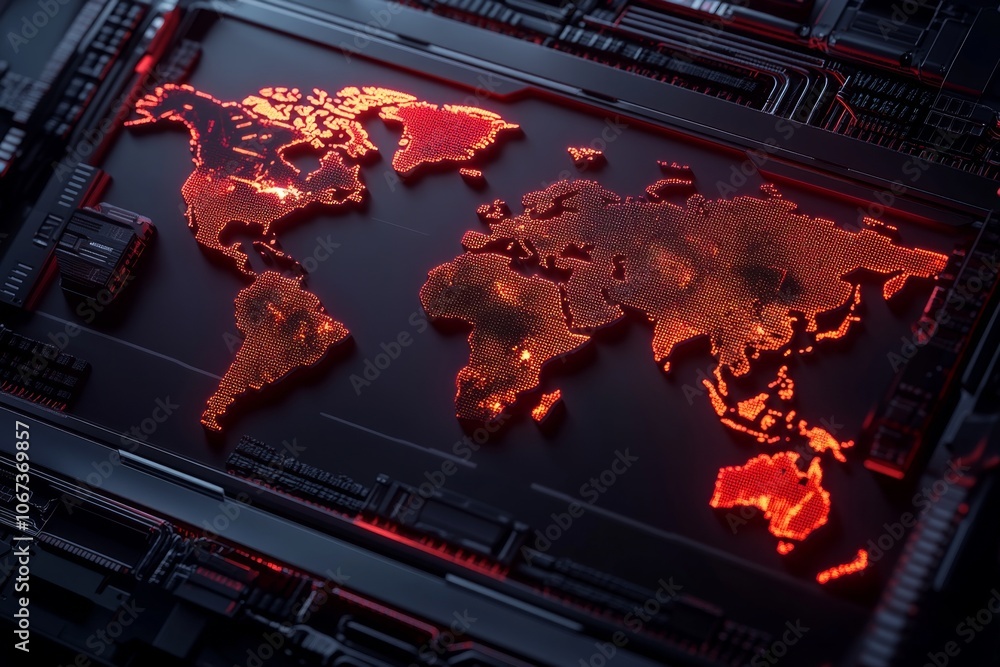 Poster cyberpunk room with holographic world map and digital threat alerts in neon hues, showing a futurist