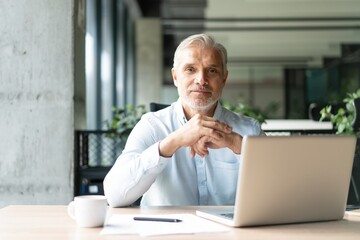 Happy mature European business man ceo trader using computer, typing, working in modern office