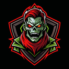 A striking esports logo featuring a fierce zombie with glowing red eyes and vibrant green skin on a dark background