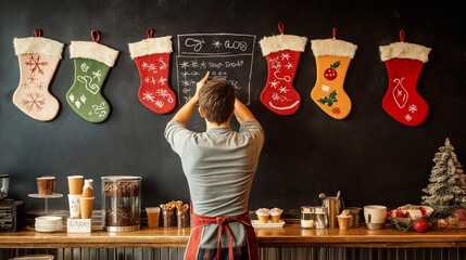 A male barista writes out the day’s holiday specials on a chalkboard, festive drinks and desserts. The cafe with holiday stockings, Christmas and new year holidays. A man decorates a coffee shop
