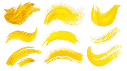 Collection of yellow brush strokes in various shapes and textures, each stroke isolated on a white background, showcasing smooth and rough textures with dynamic, artistic motion captured in vibrant ye