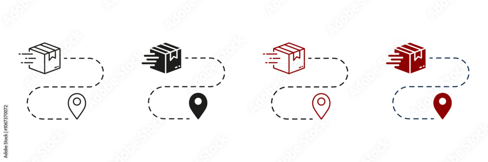 Poster shipment distance, pin on map with box line and silhouette icon set. order route sign. parcel locati