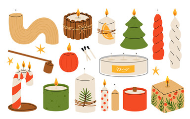 Christmas candles. Cartoon xmas decor burning candles, winter holidays wax candles with Christmas decorations, Noel home interior decor flat vector illustration set. Xmas candles collection