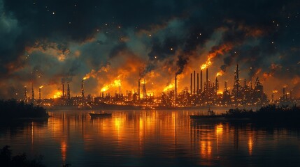 Fototapeta premium A fiery industrial complex spews smoke and flames into the night sky, reflected in the calm waters of a river.
