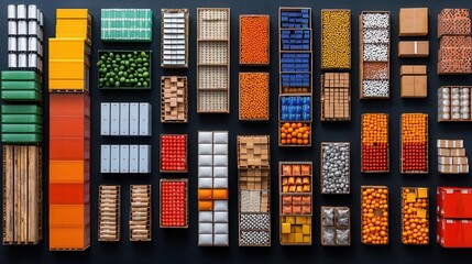 Obraz premium Overhead shot of pallets with categorized goods, warehouse floor, organized and efficient stock management