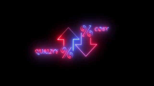 Quality control and company cost reduction. Cost and quality control concept. Percentage icon of quality with up arrow and cost with down arrow.