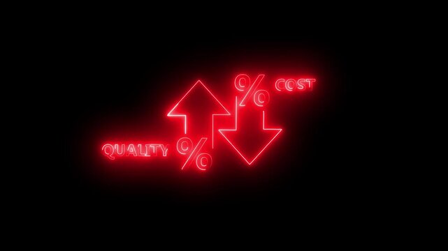 Quality control and company cost reduction. Cost and quality control concept. Percentage icon of quality with up arrow and cost with down arrow.