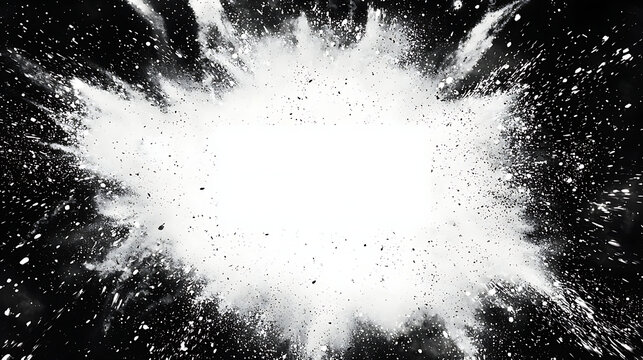 ntense white explosion effect with light particles and motion radiating from the center outward, creating a stark contrast on a black background, showcasing the energy and visual impact of a concentra