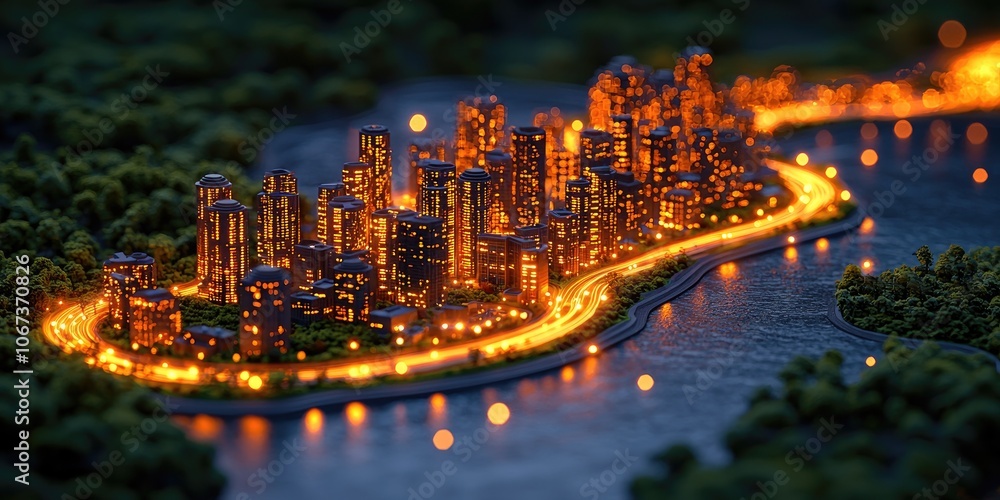 Poster a futuristic cityscape representing sectors like real estate and tech, connected by glowing data poi